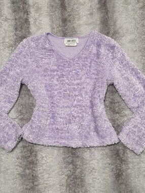 Vintage 90s Amy Byer Lavender Purple Fuzzy Sweater V-Neck Top Large